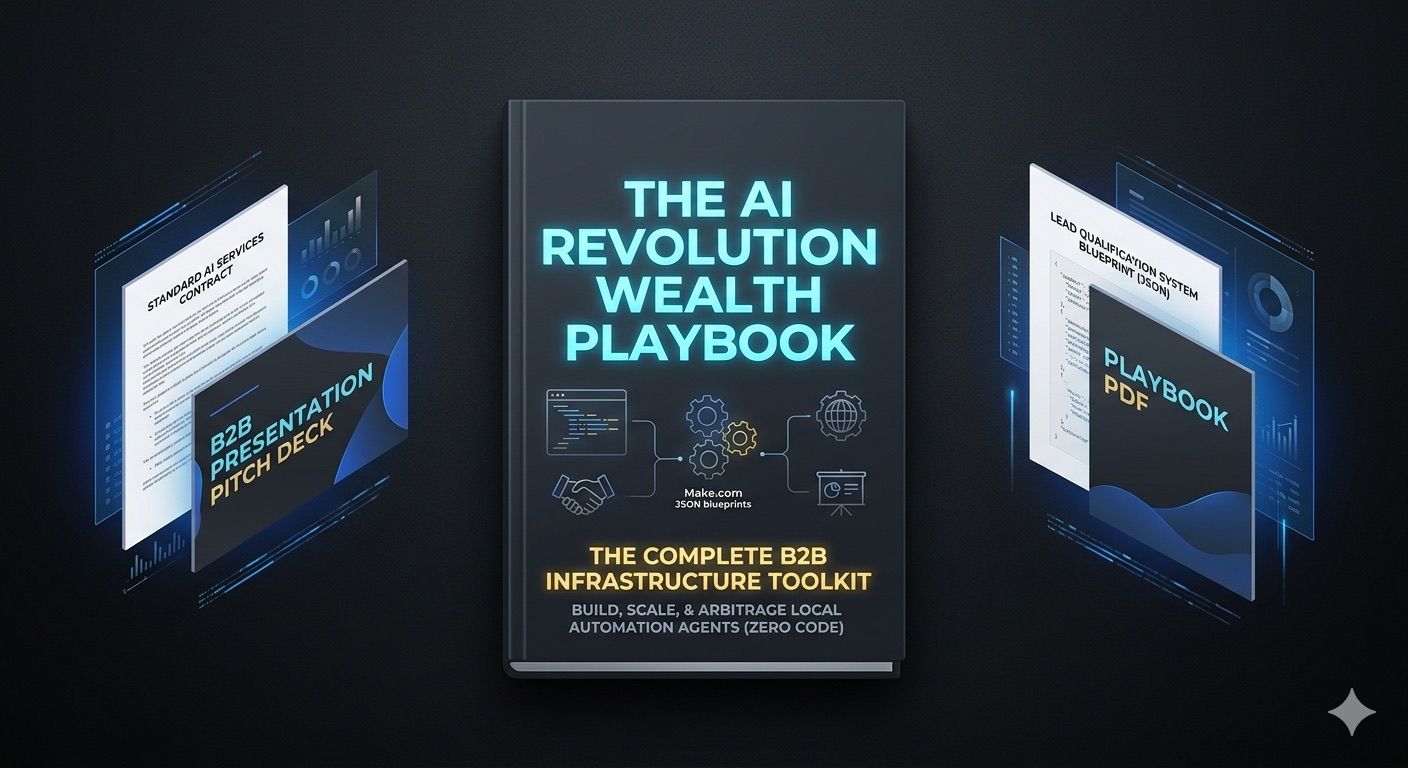The AI Revolution Wealth Playbook cover surrounded by a standard AI services contract, B2B presentation pitch deck, lead qualification system blueprint, and playbook PDF